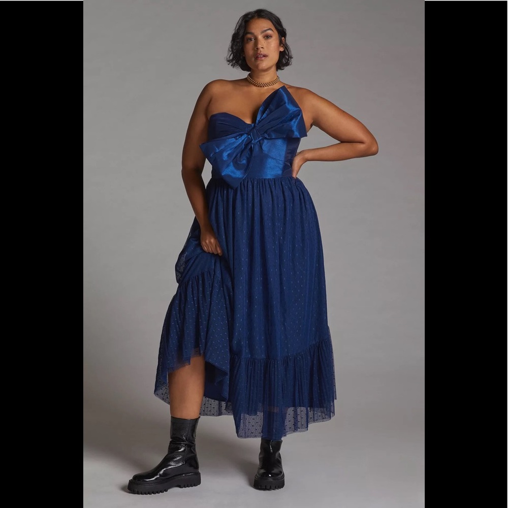 Anthropologie Strapless Navy Blue Bow Midi Dress